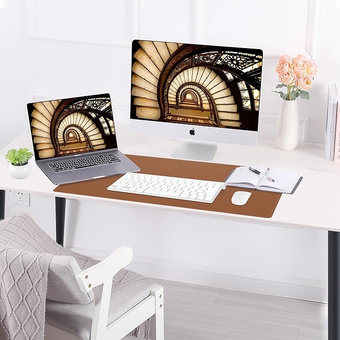 AFIING Dual-Sided Desk Pad, Natural Cork & PU Leather Large Mouse mats for Office and Home Work, Desk Protector Non-Slip, Waterproof, Easy Clean (Brown, 23.6" x 13.7")