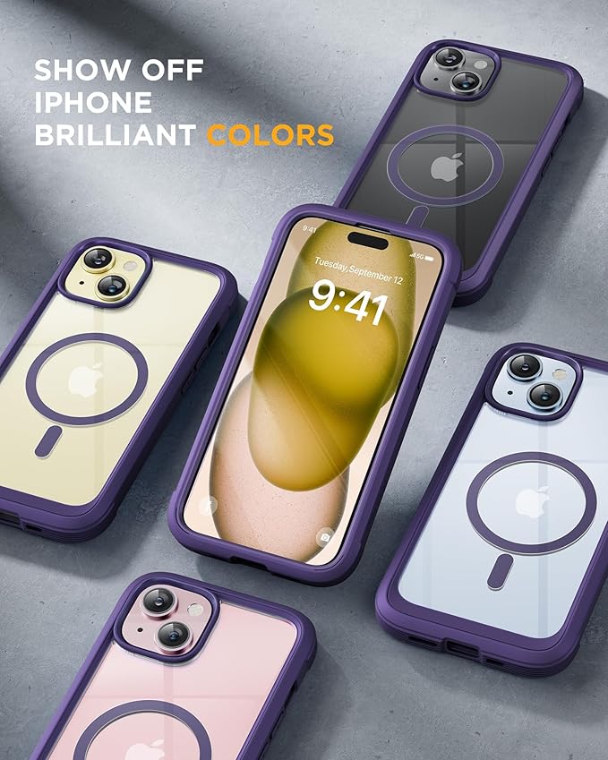 Miracase Glass Series for iPhone 15 Case [Compatible with MagSafe] Full-Body Magnetic Case with Built-in 9H Tempered Glass Anti-Fingerprint Screen Protector + Camera Lens Protector, Purple