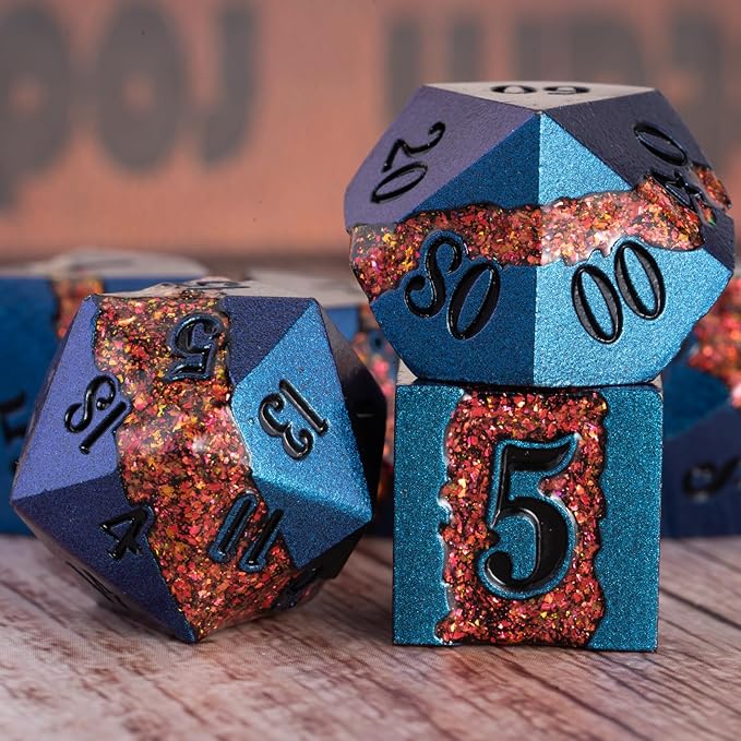 Large Stripe Metal Dice DND,Metallic Solid Crack Glittrer Dice Set with Gift Box,Polyhedral RPG Dice 7pcs Set