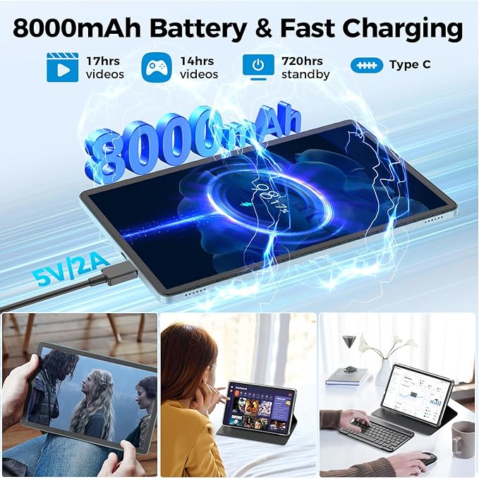 Android Tablet, 11 inch Android 15 Tablet with Keyboard, 24GB+128GB, 1TB Expand, 8000mAh, 5MP+13MP, 2.4G&5G WiFi, IPS Touch Screen, GMS Certified, 2 in 1 Tablets with Case, Mouse, Stylus(Silver)