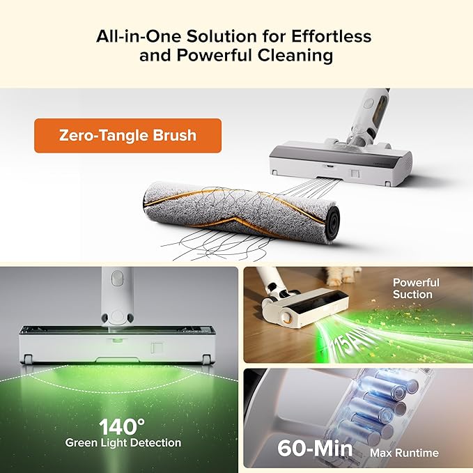roborock H60 Hub Cordless Stick Vacuum Cleaner with Auto-Empty Dock, 115AW Suction for Carpets and Hard Floors, Vacuum Cleaners with 60-Min Runtime, Anti-Tangle Brush, 140° Green LED Dust Detection