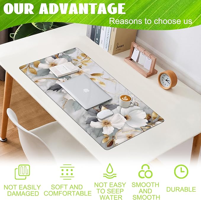 Desk Mat,White Gold Marble Desk Pad,White Flowers Golden Leaves Large Gaming Mouse Pad for Desk,Extended Big Computer Keyboard Mouse Pad with Non-Slip Base and Stitched Edge,35.4"x15.7"