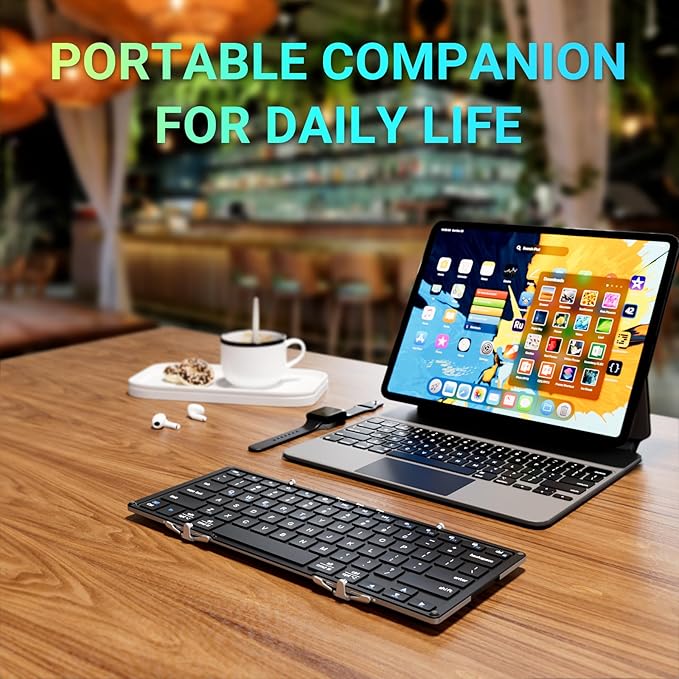 iClever Foldable Bluetooth Keyboard, BK05S Folding Wireless Portable Keyboard, Pair Up to 4 Devices, USB-C Rechargeable, Slim and Compact for iPad, Mac, Laptop, Smartphone, Tablet, PC