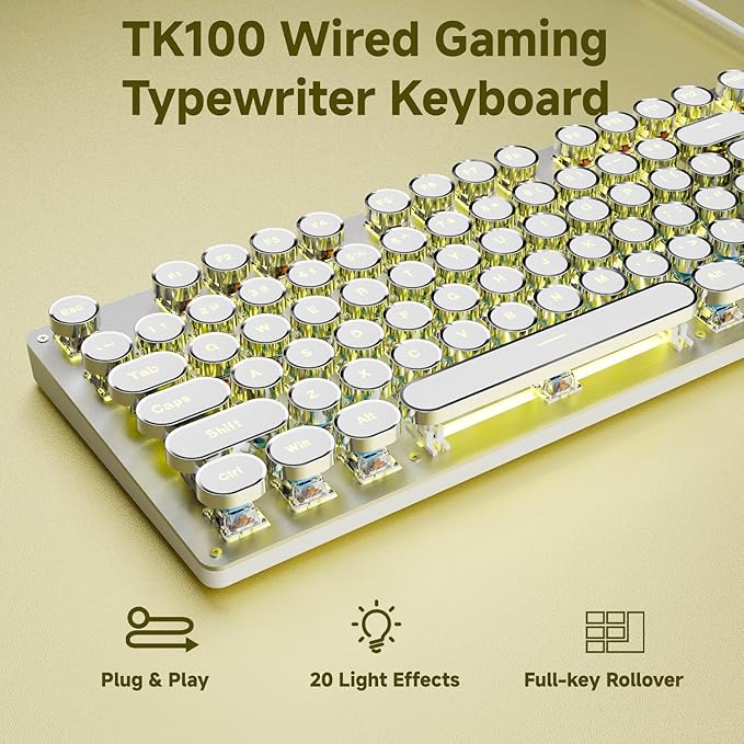 EWEADN TK100 Typewriter Style Wired Mechanical Keyboard, 104 Keys Aesthetic Typewriter Keyboard with Yellow Backlit, Anti-Ghosting, Blue Switch Cool Keyboards-White