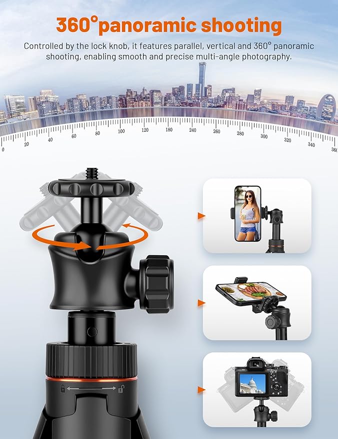JOILCAN Tripod for iPhone & Camera, 64" Selfie Stick with 360° Ball Head Remote & Phone Holder, Extendable Portable Phone Tripod Stand for Travel Vlog Compatible with Canon Sony DLSR DJI