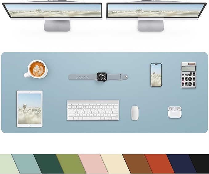 Leather Desk Pad Protector, Large Mat, Mouse Pad & Keyboard Cover - Non-Slip PU Leather Blotter - Office & Home (Light Blue, 48" x 17")