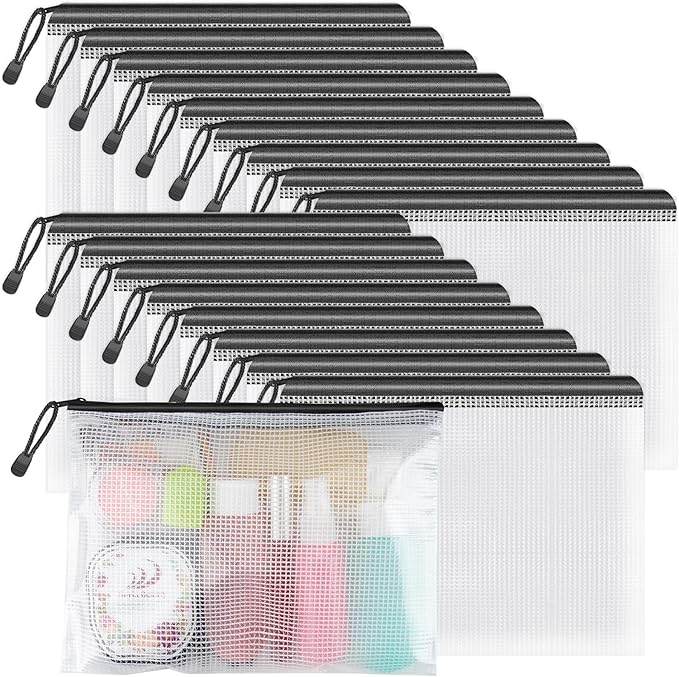 Umriox Zipper Mesh Document Pouch, 9.5x7.1 in (Black, 18 Packs), Clear Zipper Pouches, Waterproof Zipper Pouches for Office Supplies Cosmetics Travel Storage