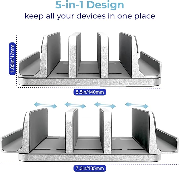 Adjustable Laptop Stand, 5 Slots, Aluminum Space-Saving, for Apple MacBook/Surface/Galaxy/Tablet/iPad/iPhone, Silver