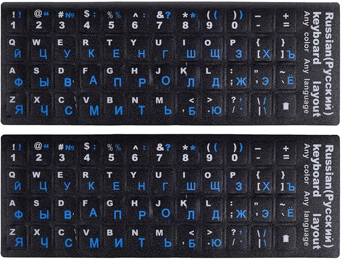 2PCS Russian Keyboard Stickers, Cyrillic Keyboard Letters Replacement Sticker Blue Font with Black Background for PC Computer Laptop Notebook Desktop, Russian-English Keyboard Alphabet Stickers