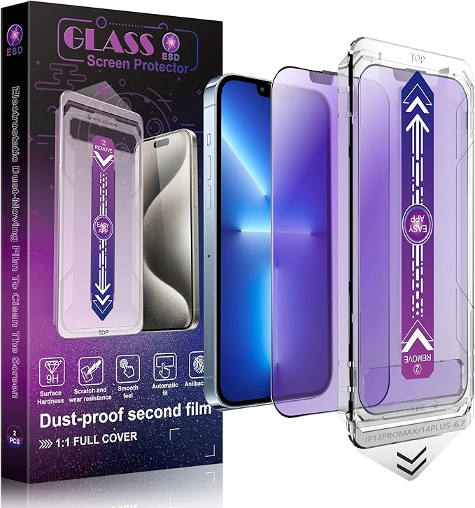 2 Pack Anti Blue Light Matte Screen Protector for iPhone 13 Pro Max and iPhon 14 Plus 6.7-Inch Auto Dust Removal, No Bubbles, Tempered Glass Film, Easy Installation