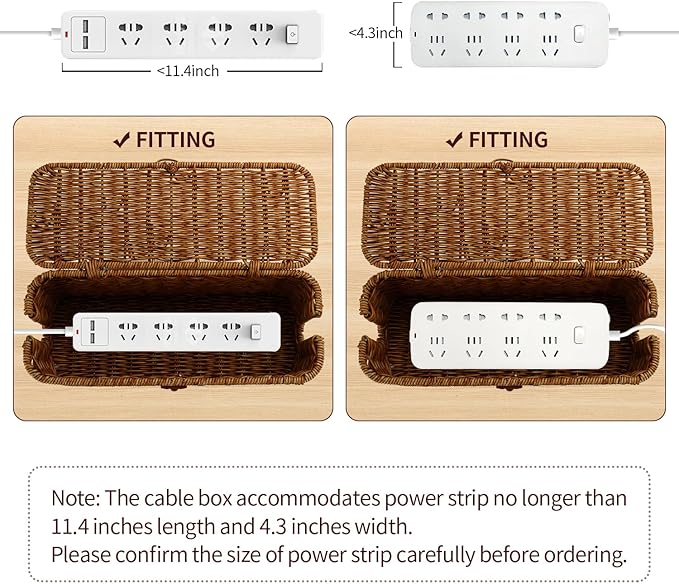 Cable Management Box, Desk Handwoven Rattan Cord Hider Organizer Box With Lid Button Lock, Power Strip Holder Decorative Box, Floor Cord Surge Protector Storage Box