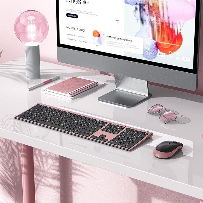 Wireless Keyboard and Mouse, Vssoplor 2.4GHz Rechargeable Compact Quiet Full-Size Keyboard and Mouse Combo with Nano USB Receiver for Windows, Laptop, PC, Notebook-Black and Rose Gold