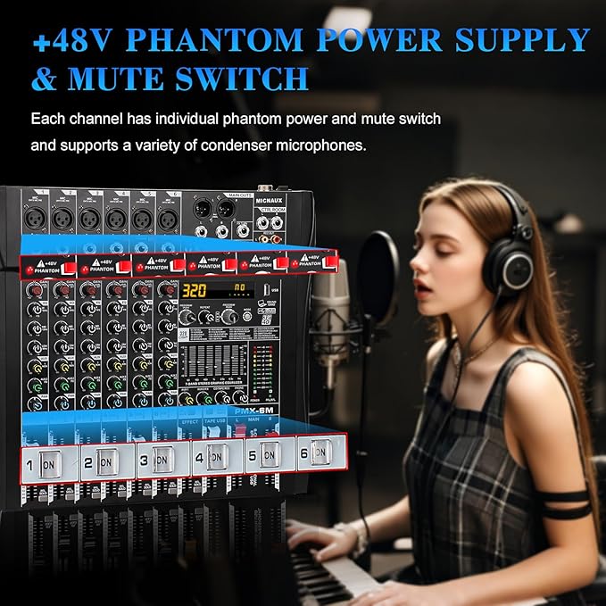 Audio Mixer 6 Channel Professional Mixer Console with 320 DSP Effects, 7-band EQ Sound Mixing Board Digital DJ Mixer w/USB Bluetooth MP3 for Recording, Independent 48V Power & Mute Button