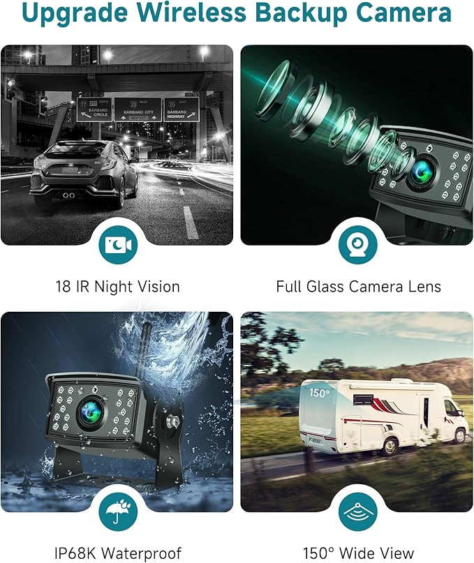 Wireless Backup Camera for RV, 7" IPS Monitor Kit+ 2 AHD Rear View Camera Waterproof Night Vision DVR Recording, Wireless Reverse Camera 12V-36V for Truck/Trailer/RV/Camper/Excavator/Caravan