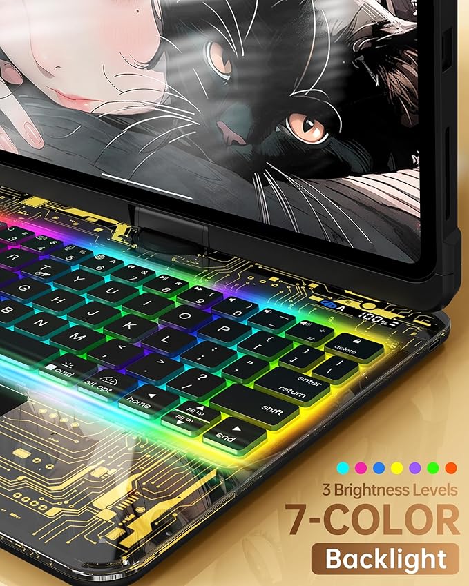 Intermerge Clear Keyboard Case for iPad Pro 13" (M4) 2024 Only, 360° Swivel Multi-Touch Trackpad, 7-Color RGB Backlit, Pencil Holder, Type-C, Power Indicator, Shadow Pulse