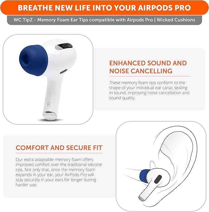 WC TipZ - Upgraded Memory Foam Ear Tips for Airpods Pro Made by Wicked Cushions | Improved Comfort, Tighter Seal, Better Foam Rebound Time | Fits Perfectly in Charging Case | (Navy Blue)
