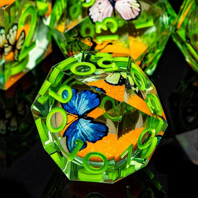 Butterfly DND Dice Green Liquid Core Dice Set with Metal Box, Handmade Sharp Edge D and D Polyhedral Dice for use with D&D Role Playing Game, D20 D12 D10 D8 D6