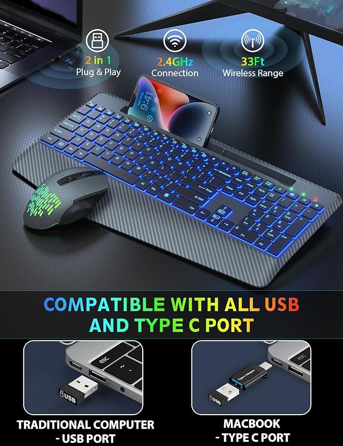 Wireless Keyboard and Mouse Backlits, Wrist Rest, Jiggler Mouse, Rechargeable Ergonomic Keyboard with Phone Holder, Silent Light Up Combo for Computer, Mac, PC, Laptop, Chromebook (Bright Gray)