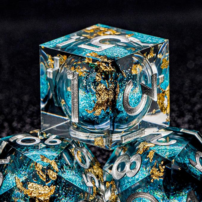 DND Dice Blue Liquid Core Dice Set with Metal Box, Handmade Sharp Edge D and D Polyhedral Dice for use with RPG D&D Role Playing Game