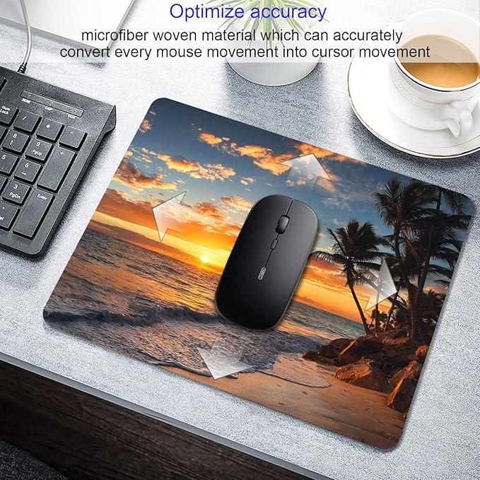 Sunset Beach Mouse pad with Tropical Ocean Landscape and Non-Slip Rubber Base Design for Personalized Women's Office Desktop Decoration Accessories 9.5x7.9 inch