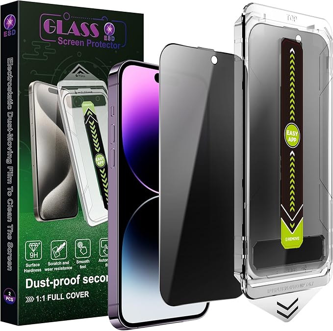 (2-Pack Anti-Spy Privacy Screen Protector for iPhone 14 Pro Max/15 Plus/16 Plus(6.7-Inch),9H Tempered Glass,Full Coverage,Anti-Fingerprint,Auto Dust Removal,Bubble-Free,Easy Installation