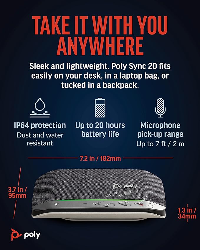 Poly Sync 20 USB-A Personal Portable Smart Speakerphone (Plantronics) - Connect to Mobile via Bluetooth, PC/Mac via Included USB-A Cable - Noise/Echo Reduction - Works w/Teams, Zoom - Amazon Exclusive