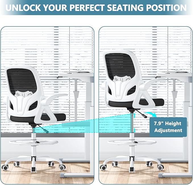 Tall Drafting Chair with Footrest Ring for Home and Work, Ergonomic Home Desk Office Chair with Flip up Arms and Lumbar Support, Extended Height Executive Desk Office Chair(White)
