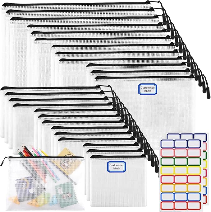 25pcs Multisize Mesh Zipper Pouch Bags, Waterproof Zipper Bag, 8 Sizes Waterproof Plastic Document Pouch, Bags for Travel Storage, Office Supply and Home Organize