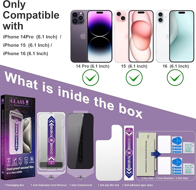 2 Pack Privacy Screen Protector for iPhone 14 Pro/iPhone 15 / iPhone 16, 9H Tempered Glass, Full Coverage, Anti-Fingerprint, Auto Dust-Elimination, No Bubble, Easy Installation