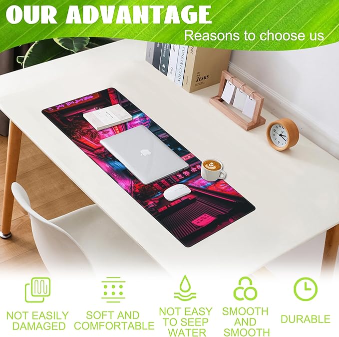 Desk Mat,Japanese Anime Neon Street Desk Pad,Anime City Large Gaming Mouse Pad for Desk,Extended Big Computer Keyboard Mouse Pad with Non-Slip Base and Stitched Edge,31.5"x11.8"