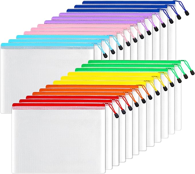 SUNEE Plastic Mesh Zipper Pouch 10x14 in (6 Colors, 24 Packs),Extra Large Water-Resistant Zip Bag for School Office Supplies, Puzzles & Games Organizing Storage