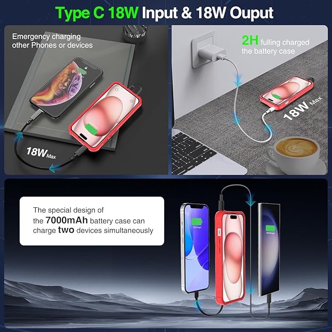GIN FOXI Fast Charging Battery Case for iPhone 15/15 Pro, 7000mAh 15W Ultra Slim Charger Case Rechargeable Portable Extended Power Bank Case Cover Battery Pack Built-in Cable, Red (6.1”)