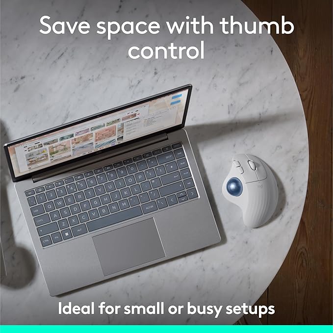 Logitech Ergo M575S Wireless Trackball Mouse, Wireless Ergonomic Mouse with Bluetooth and Encrypted Dongle, Comfortable Thumb Control, Precise and Smooth Tracking, for PC/Mac - Off-White Blue Ball