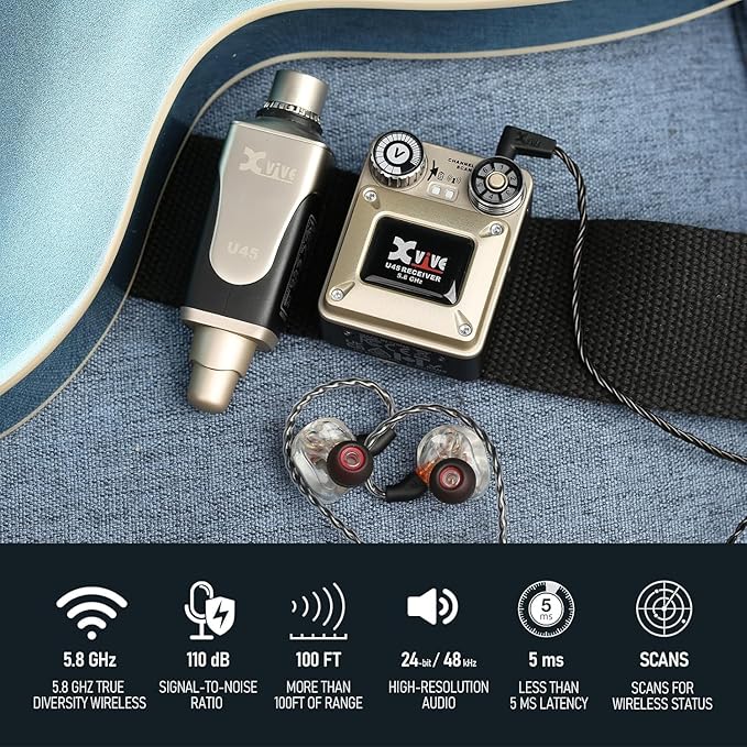 Xvive U45R4 Wireless in Ear Monitor System 5.8ghz IEM System 1 Transmitter and 4 Bodypack Receiver for Studio, Band Rehearsal, Live Performance, Channel Scan Mode