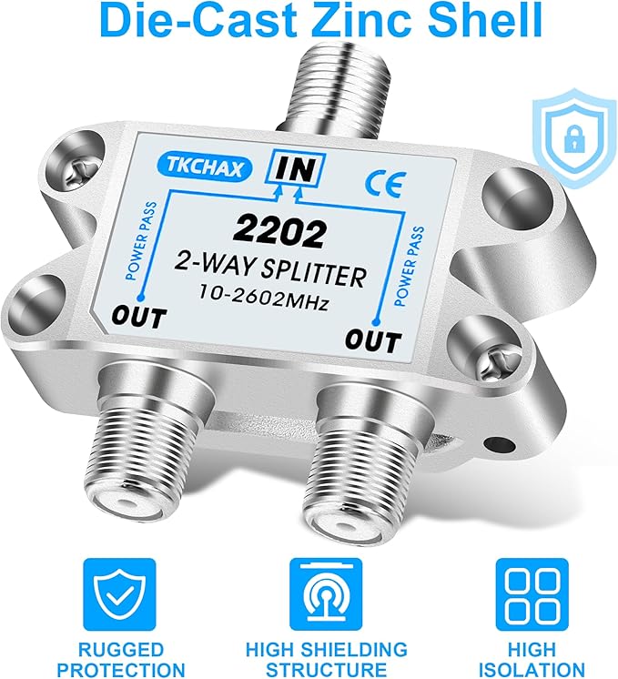 2 Way Coaxial Cable Splitter,Support 10-2602MHz, RG6 Compatible, Nickel-Plated for Cable Splitter,Work with CATV, Satellite TV,Antenna System and MoCA Configurations