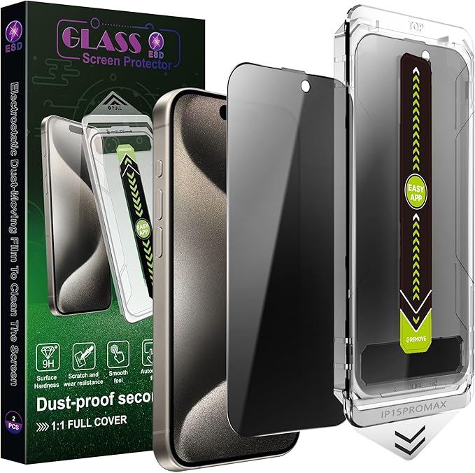 (2-Pack Anti-Spy Privacy Screen Protector for iPhone 15 Pro Max(6.7-Inch),9H Tempered Glass,Full Coverage,Anti-Fingerprint,Auto Dust Removal,Bubble-Free,Easy Installation