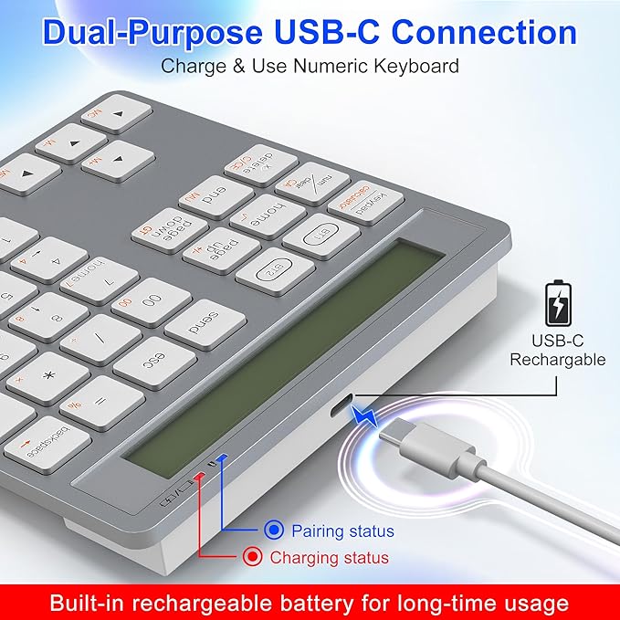 2-in-1 Wireless Number Pad & Calculator, Bluetooth 5.0 Numeric Keypad with USB-C Charging, 34-Key Portable Number Pad for Laptop, MacBook, PC, Windows, iOS & Android Devices