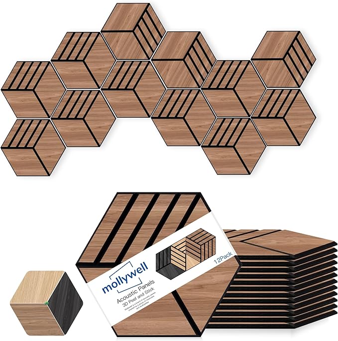 Mollywell Hexagon Acoustic Panels, Walnut S4, 14x12x0.4 Inch, 12 Pack |Wood Veneer|High Density Sound Proofing Wall Panels|Self Adhesive Sound Dampening Felt Wall Tiles|Home Theater|Gaming Room|
