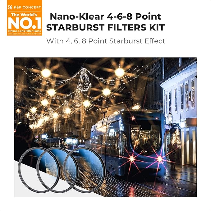 K&F CONCEPT 82mm Star Filters Kit (3pcs) 4 Points 6 Points 8 Points Cross Screen Starburst Filters Set -18 Layer Coating Ultra Slim Optical Glass Camera Lens Filter with 3 Cleaning Cloth