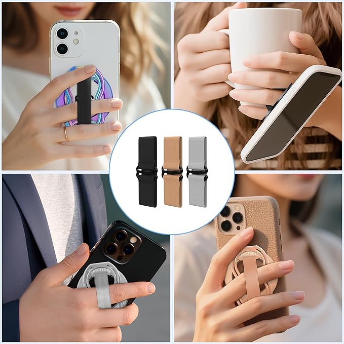 RESPECTED-BRO-Magnetic-Phone-Grip-Stand-with-Finger-Strap, 4-in-1 Magnetic Ring Holder, Kickstand and Elastic Strap for Smartphones, Universal Fit for iPhone, Android, and Cases (Black Elastic Strap)