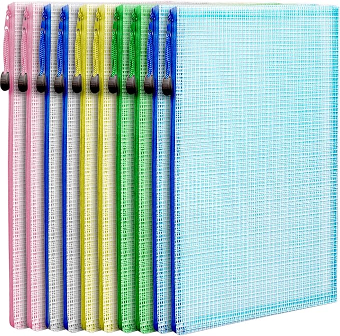LEOBRO Mesh Zipper Pouches Bags, 10PCS Zipper Pouch, A4 Mesh Bags with Zipper, Zipper Pouches for Organization, Storage Bags for School Office Travel Supplies, File Jackets & File Pockets