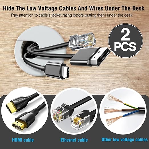 2" White Desk Grommet, JTemgle Plastic Cable Hole Cover Computer Table Cord Wire Organizer Caps Desktop Cord Management for Home Office TV Stands Tabletops, 2 Pieces