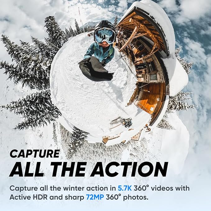 Insta360 X3 Snow Kit (New Version) - 360 Action Camera with 5.7K 360 Active HDR Video, 4K Single-Lens Camera, Waterproof, FlowState Stabilization, 2.29" Touchscreen, AI Editing, Wintersports