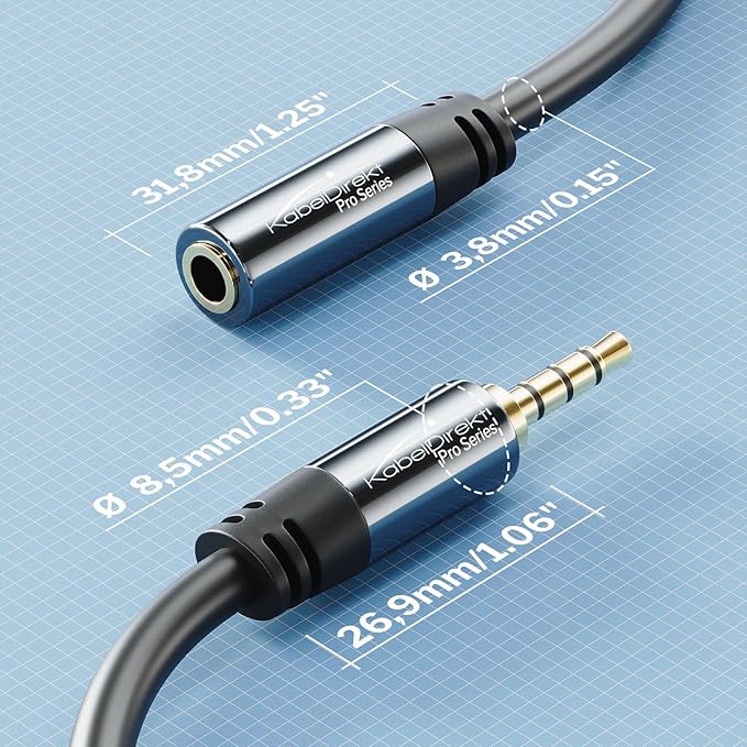 KabelDirekt – Headset Extension Cable – 6ft – Headphone Extension Cord with Break-Proof Metal Plug for Gaming Headsets & Headphones with Microphone, TRRS, 4-Pole, 3.5mm Male to Female