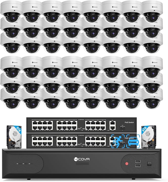 4COVR PoE 64 Channel Security Camera System, Human Vehicle Detection, 48Pcs IK10 Vandal-Proof 5MP Commercial Dome IP Camera IP67 with Mic, 8MP NVR 16TB HDD, 24/7 Business Surveillance, LY54AX5M6448