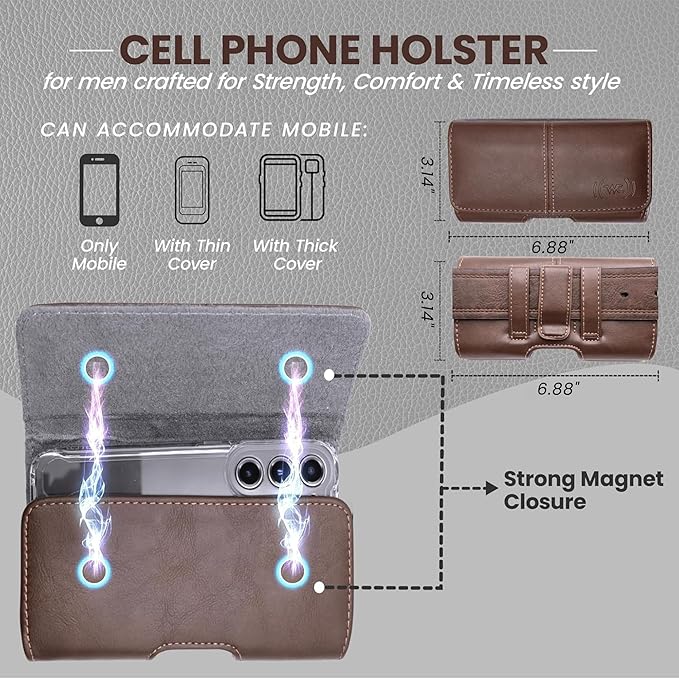 Phone Holster for Men & Women, Horizontal Cell Phone Case, Fits iPhone 17/16/15/14/13/12 Pro Max, Belt Clip/Loop Carrying Phone Pouch Holder, Brown X-Large