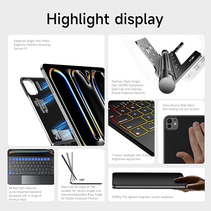 HOU iPad Pro 11 Inch Case with Keyboard M4 2024(ONLY),Magic Keyboard iPad Pro 11 Inch (5th Gen) Keyboard Case,Click-Anywhere Trackpad,7 Colors Backlight,Easy-Set,Black