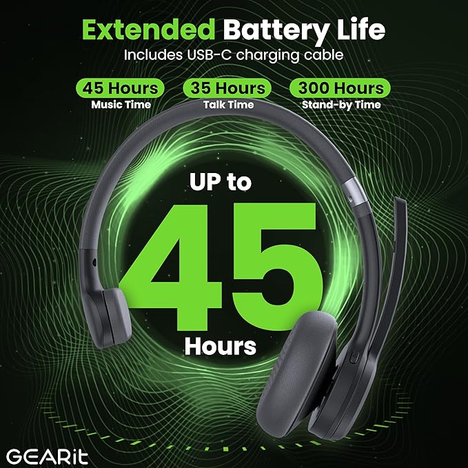 GEARit Wireless Bluetooth Headset with Mic - 35 Hrs Talk Time - for Trucker, w/Noise Cancelling Microphone & Mute Button - Easy to Set Up Wireless for Work, Phone Calls, Homes, Offices