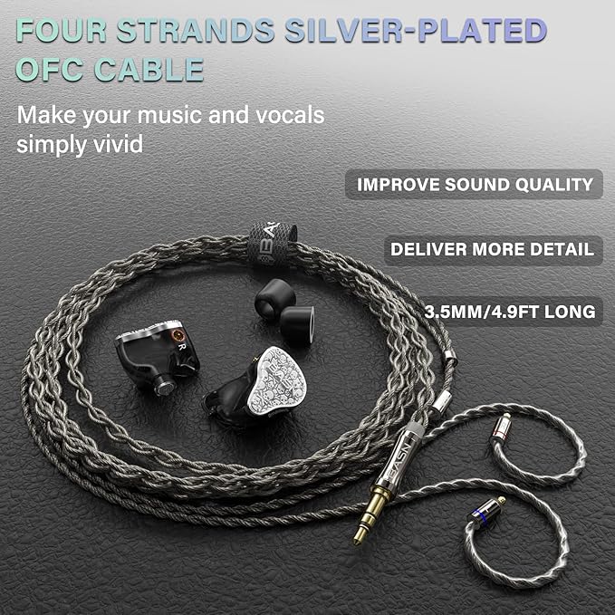 BASN Bmaster5 in Ear Monitors, 1DLC Diaphragm+4BA 5 Drivers IEM Earphones with Silver-Plated OFC Cable, Noise Isolation Wired Earbuds for Musicians (Glacier White)