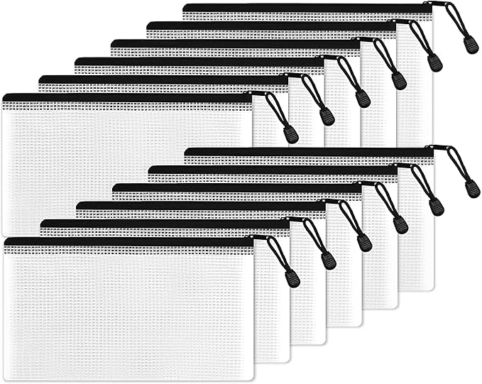 SUNEE Plastic Mesh Zipper Pouch 4.6x9.2 in (Black, 12 Packs), Small Water-Resistant Zip Bag for School Office Supplies, Pencil Organizing Storage